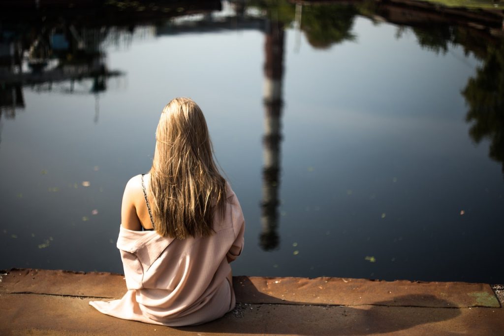 girl, blonde, sitting